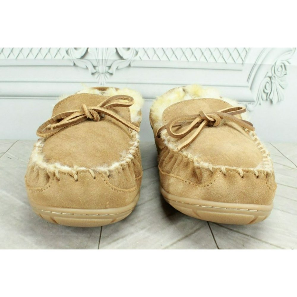 LL Bean Brown Suede Wicked Good Shearling Lined Moccasin Slippers Size 7 - Picture 4 of 8